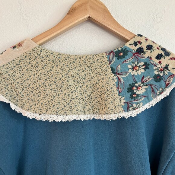 Vintage DIY Grandma Sweatshirt Cardigan M? Blue Shawl Collar Patchwork Button Up - Picture 9 of 10